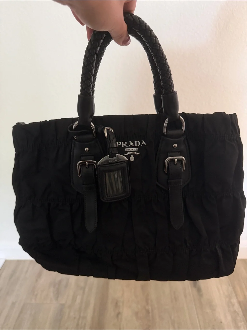 Prada Black Quilted Nylon Tote with Braided Top Handles